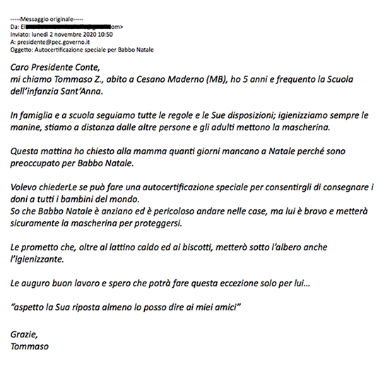 Conte risponde a Tommaso: Babbo Natale può viaggiare ovunque 6 Coronavirus Conte risponde a Tommaso: Babbo Natale può viaggiare ovunque